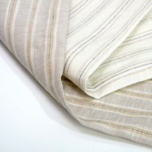 linenschina3423 (1) Linen Metallic Stripe Fabric - 160g Medium Weight, 138cm Width, 2% Gold/Silver Yarn - Subtle Shine #3423