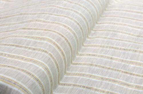 linenschina3423 (7) Linen Metallic Stripe Fabric - 160g Medium Weight, 138cm Width, 2% Gold/Silver Yarn - Subtle Shine #3423