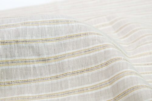 linenschina3423 (8) Linen Metallic Stripe Fabric - 160g Medium Weight, 138cm Width, 2% Gold/Silver Yarn - Subtle Shine #3423