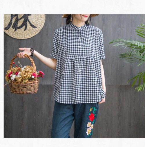 linenschina3530 (17) Linen Cotton Gingham Fabric - 136g Lightweight, 145cm Width, Antibacterial - Summer Shirts #3530