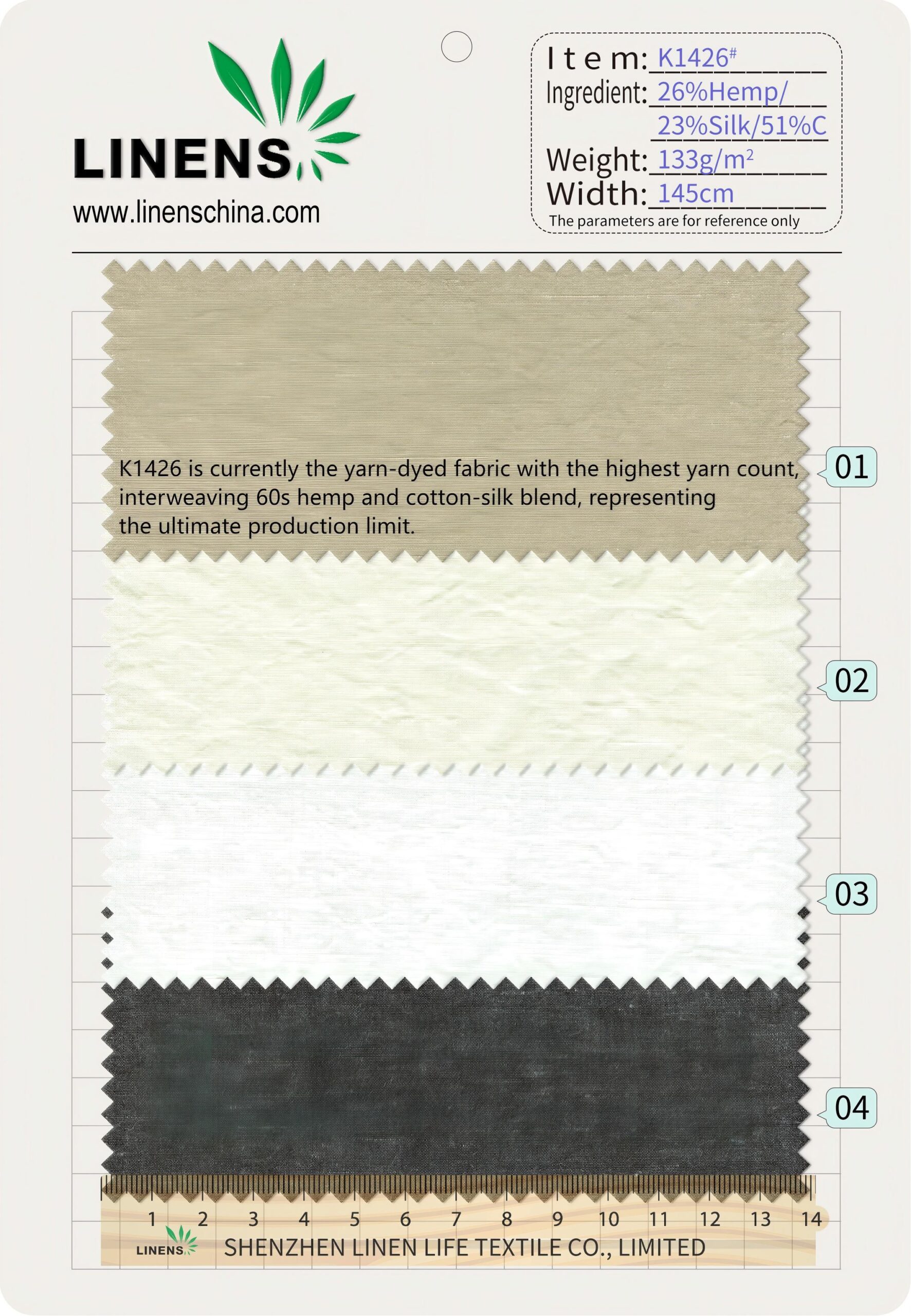 K1426# Hemp 26% Silk 23% Cotton 51% Blend | 133gsm 143cm Yarn Dyed Fabric | Premium Summer Shirting & Dress Material | Wholesale OEM 2 翻译01 scaled