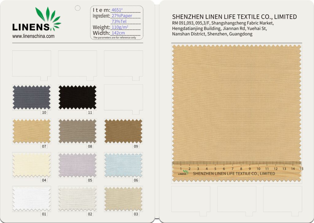 4651# 110gsm 142cm Paper Yarn Tencel Blend Fabric | 27% Paper Yarn 73% Tencel | Lightweight Breathable Textile for Shirts Dresses | OEM Factory Wholesale 2 微信图片 20250915153641